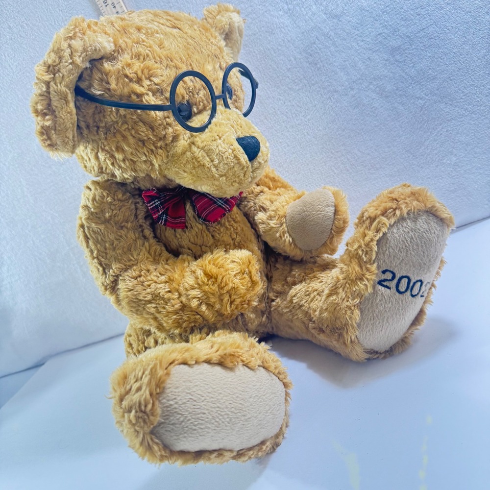 Dillards Trimmings 2002 Teddy Bear Plush Shaggy Brown Plaid Bow Glasses 15 inch
